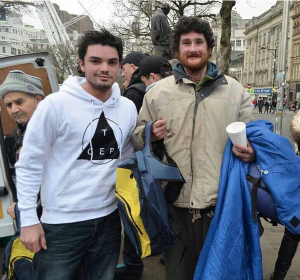 Craig Edwards with "John" at first Backpack Project in Manchester's Piccadilly Gardens